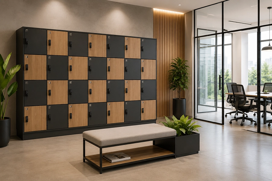 Lockers de oficina modernos en madera y negro mate para espacios corporativos, coworkings y ambientes empresariales contemporáneos