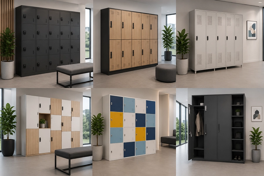 Catálogo de lockers corporativos modernos con diseños metálicos, modulares y en madera para oficinas, empresas, coworking y espacios organizacionales.