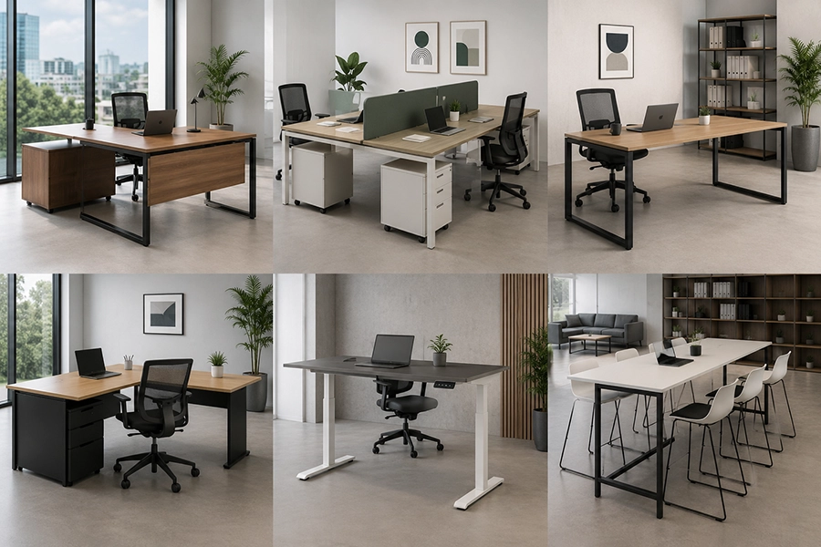 Galería de escritorios de oficina modernos con diseños ejecutivos, operativos, colaborativos y ergonómicos para empresas y espacios corporativos